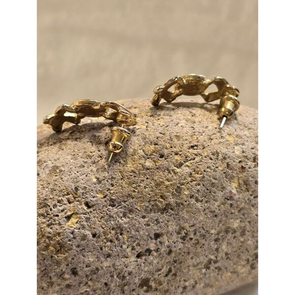 VTG Pierced Gold Toned Black Glass Post Earrings Mid Century Modern Stylish - Picture 2 of 5